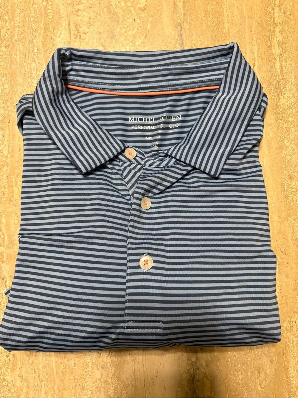 Michel Rouen Mens XL Performance Polo Shirt Blue Striped Short Sleeve Golf